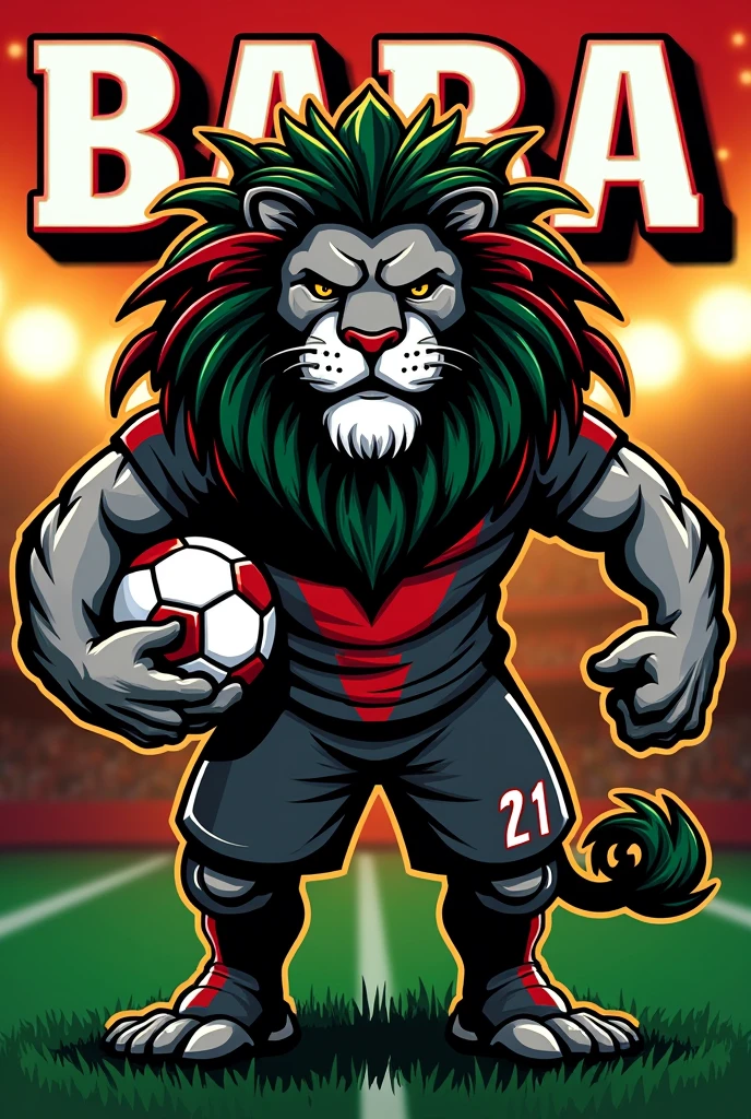 create a logo of a black and white lion with Jamaica style dreadlocks in red and green colors standing dressed in a football uniform on a green and red field holding a football and the name BABA UNIÃO written very large