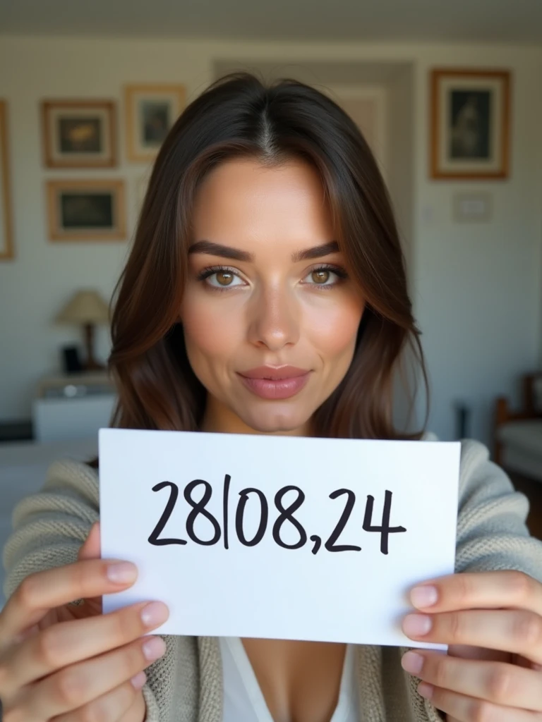 a very beautiful woman taking a selfie in her bedroom. He is holding a white piece of paper with the date "28/08/24" written on it in bold black ink and it look like real human handwritten. The woman is in a room with light-colored walls, and the background includes some framed items on the wall, possibly certificates or pictures, along with a desk that has various objects, including a lamp and some papers. The lighting in the room is natural, and the woman is looking directly at the camera with a neutral expression.