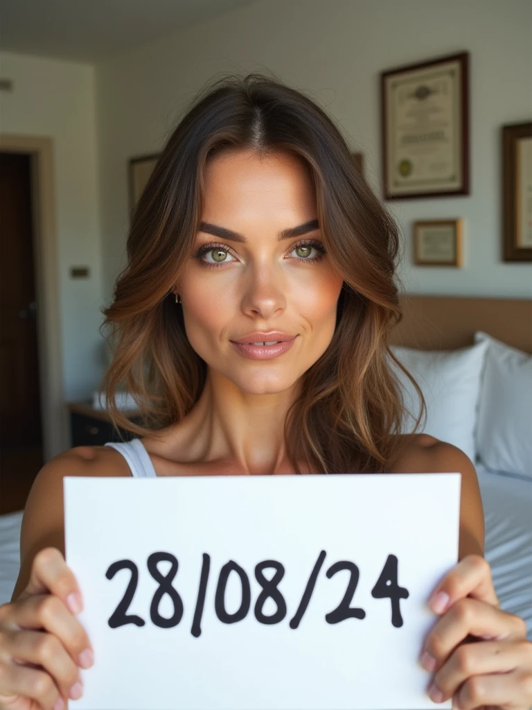 a very beautiful woman taking a selfie in her bedroom. He is holding a white piece of paper with the date "28/08/24" written on it in bold black ink and it look like real human handwritten. The woman is in a room with light-colored walls, and the background includes some framed items on the wall, possibly certificates or pictures, along with a desk that has various objects, including a lamp and some papers. The lighting in the room is natural, and the woman is looking directly at the camera with a neutral expression.