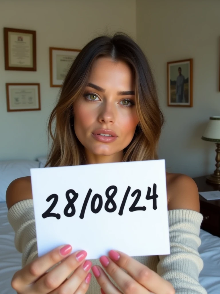 a very beautiful woman taking a selfie in her bedroom. He is holding a white piece of paper with the date "28/08/24" written on it in bold black ink and it look like real human handwritten. The woman is in a room with light-colored walls, and the background includes some framed items on the wall, possibly certificates or pictures, along with a desk that has various objects, including a lamp and some papers. The lighting in the room is natural, and the woman is looking directly at the camera with a neutral expression.