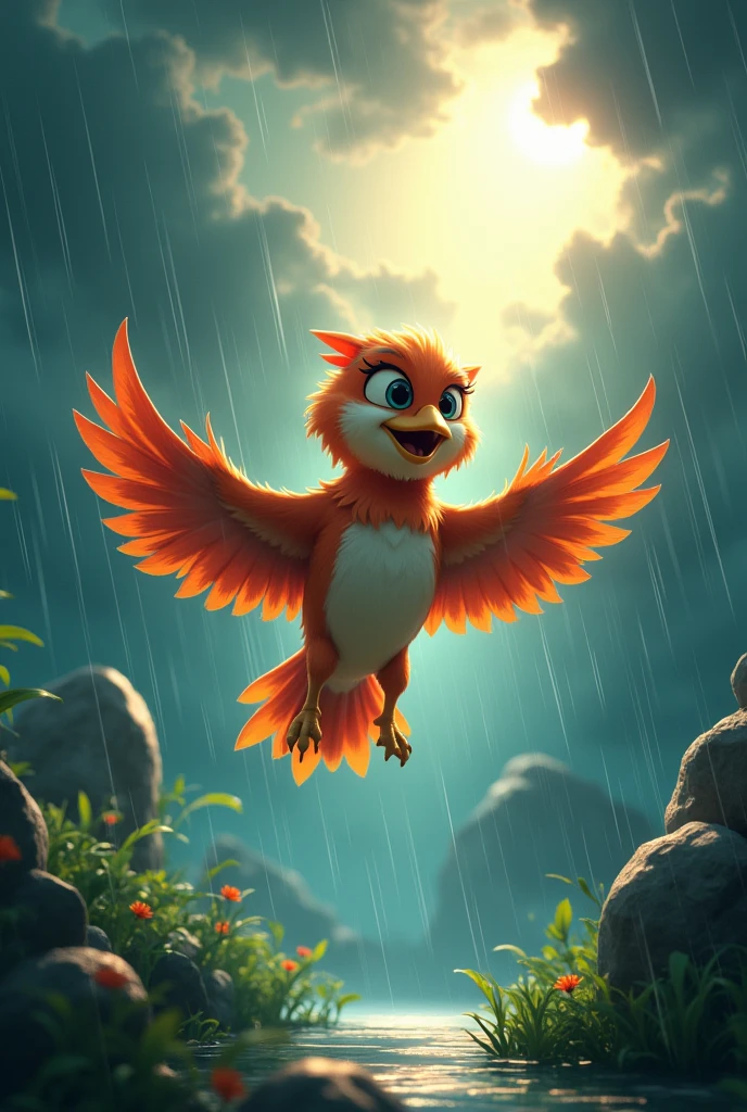 Create a command prompt for a Disney-style 3D anime drawing of a bird facing the rain and sun, with expressions of effort on its face. Voando na chuva, realisian