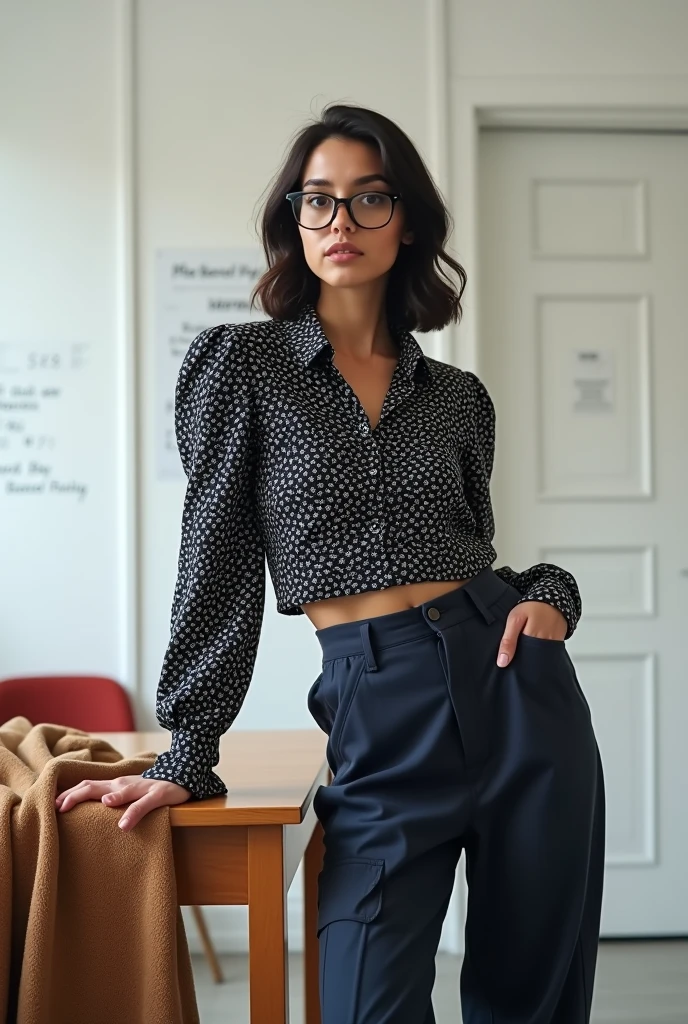 A young woman with dark hair and glasses
with a healthy body stands in front of a white wall. She is wearing a black and white patterned blouse with puffed sleeves, paired with dark blue cargo pants. The woman is leaning against a wooden desk with a brown blanket draped over it. The background features a white door and a white board with writing on it.