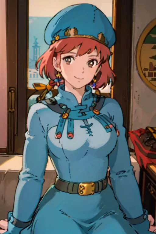 masterpiece, high quality, 1girl,, (masterpiece:1.4), (best qualit:1.4), (high resolution:1.4), 1girl, redhead, big breasts, muscular body, brown eyes, smile, Nausicaa, sit on a chair, colorful, upper body, ghibli style, sfw,  facing the viewer, looking at the viewer, blue uniform, blue skirt, belt, (blue cabbie hat)