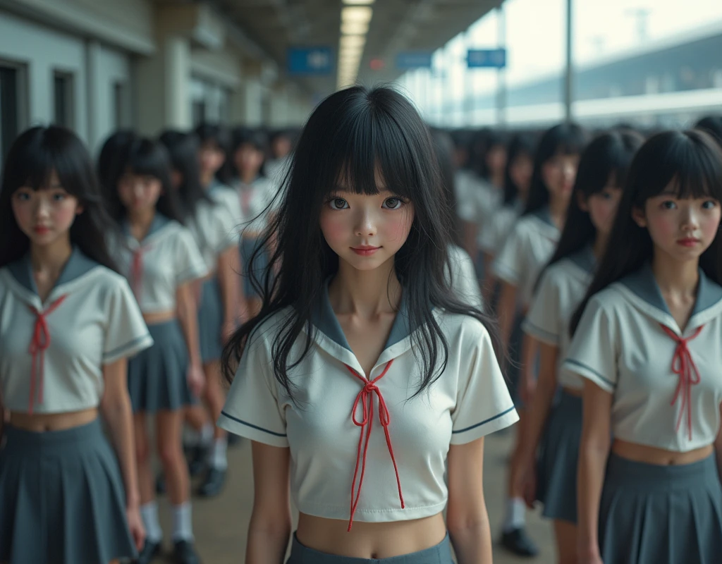 (((((Japanese Clone-girls=Myself))))), (((Super Best masterpiece Clone-girls Raw Photography Art))), (((16K, Highest quality, Ultra-high resolution, RAW Photos))), (((It's so unrealistic., With unparalleled depiction, With an unfathomable sight, An unprecedented and shocking worldview, Clone-girls: In a world of mass reproduction, Ultra-realistic))), (((Japanese Girls, Yokoyama-Yui, 18yo, Small face, Thick black hair, long hair, Dark Eyes, Mature face, Cute Smile, Smiling face, A gentle gaze, (((Very pleasant look)))))), (((Very beautiful detailed girls, Accurate body structure, Accurate body movements, Very detailed body, (((Super big breasts, Large bulge of ample breasts)))))), (((High school girl's summer uniform, Short sleeve, mini skirt, hour々I can see your pants, Cleavage Emphasis, Emphasise the fullness of your breasts))), ((((((((Very detailed, Myself cloning, Depiction of splitting oneself, 1Myself girl→1,000,000,000,000,000,000,000,000,000,000Myself cloning girls)))))))), (((((((Myself clone-girlsから, Myself keeps multiplying, (Very detailed and intricate, To the exact, Flawless, (((In the same female body,With the same face, With the same hairstyle, In the same clothes, At the same height, 同じSuper big breastsである))), In a detailed depiction), 1,000,000,000,000,000,000,000,000,000,000 people))))))), (((((Myself girls only))))), (((((1,000,000,000,000,000,000,000,000,000,000Myself girls))))), Myself waiting for a train on the station platform, The wind is blowing, A super crowded scene, Clear and accurate perspective depiction, Ultra-wide field of view, wide view, Focus on the average value of the image