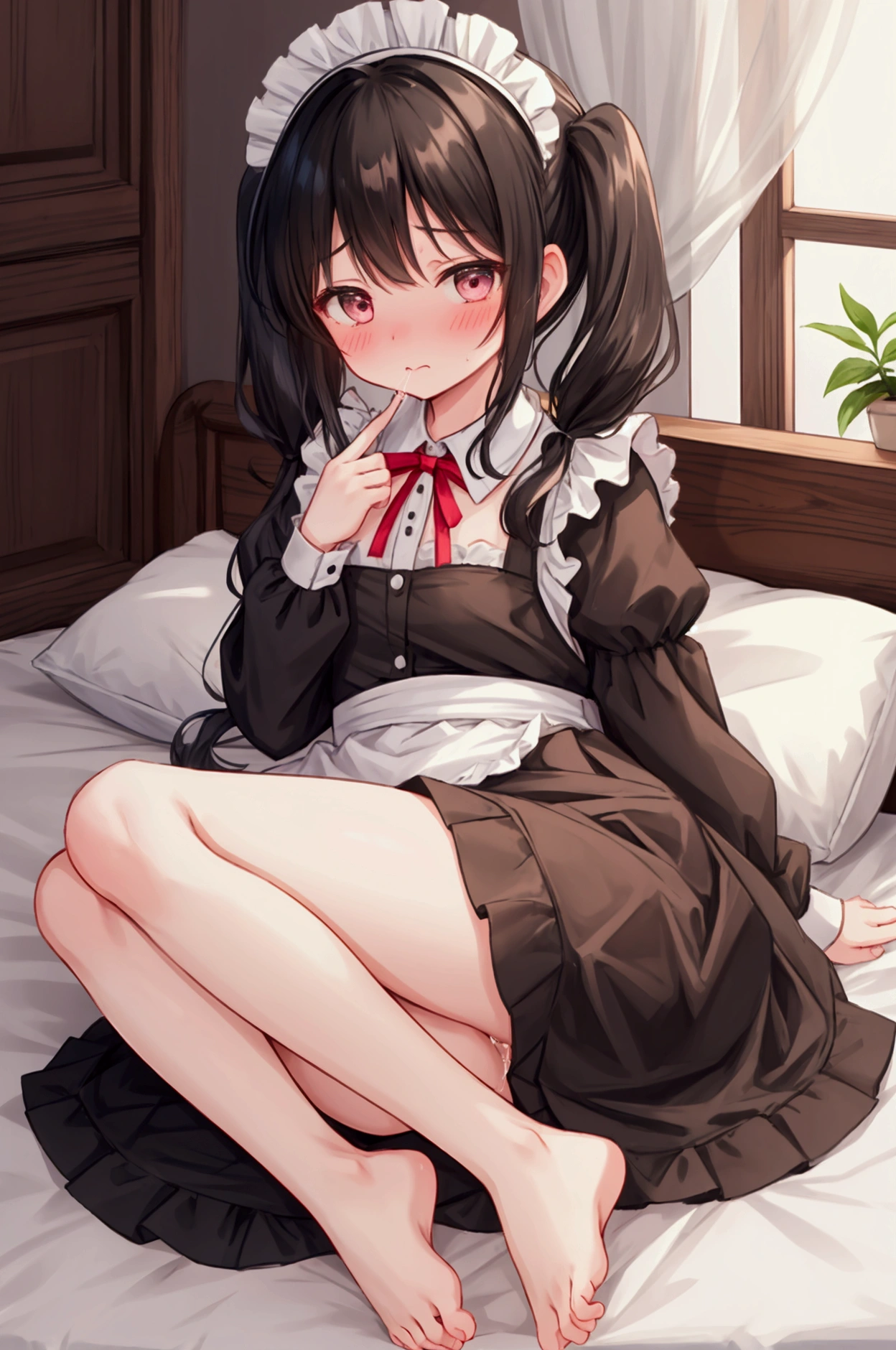 Girl、Black Hair、Pigtails、Embarrassed、blush one's cheeks、Maid clothes、Maid headdress、feet up、lying、No underwear、Pussy、barefoot、pussy juice、indoor