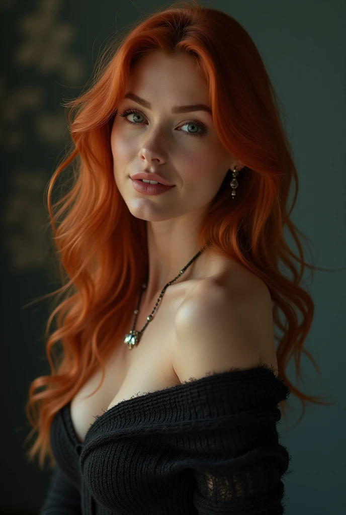 masterpiece:1.2, ultra-detailed, realistic, portrait, A beautiful actress model young woman with plump lips in her 30s, direct angle, slutty dress, piece of art, Best quality, (very detailed raw photo :1. 2), 8k arnald, Phil Haley style, model shooting, Midway, Supermodel, Model poses, loose hair, beautiful eyes, close-up photo, a high resolution, piece of art, (beautiful detailed eyes), (beautifully detailed face), Perfectly shaped body, (Ultra detailed), standing and looking directly into the camera, evening time, cozy style, sexyort dress, huge breastshot woman, beautiful face, sexy gaze, smoeyes, seductive gaze, high-resolution picture, Long hair, Colossal tits, Looking at er, Bare shoulders, jewelry, a necklace, off shoulders, Sweaters, Realistic, playful look and playful smile, playful gaze, dark and foggy background, red-hair