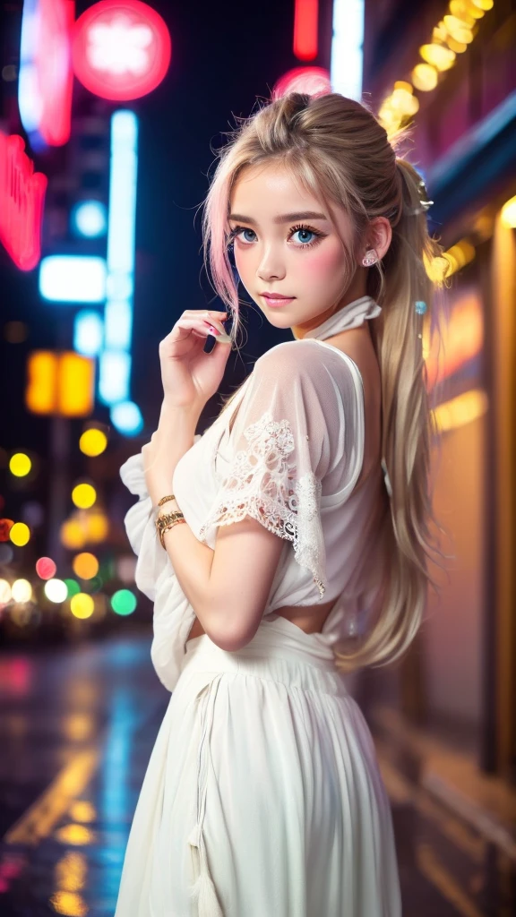 ((Highest quality)), ((masterpiece)), (detailed), high ponytail, ((Blonde)), Beautiful girl, Cute Eyes, Green eyes, False eyelashes, (((Watery eye))), (Blushed:1.3), white skin, (hippie clothes:1.4),  ((bulge)), outside, raining, crowded city, fog, evening, neon sign,