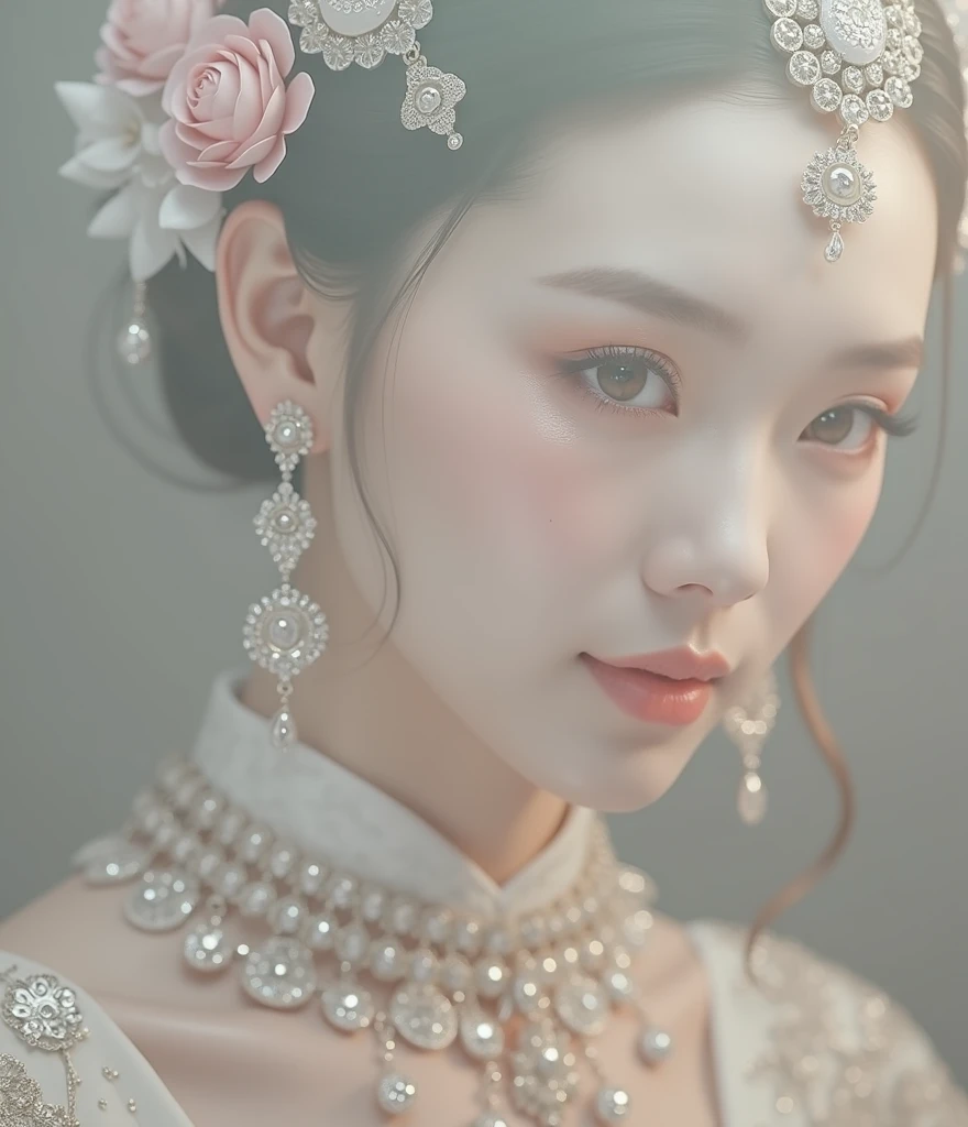 best quality, masterpiece, high resolution, 1 Girl,Chinese Wedding Dress,Hair accessories,necklace, Jewelry,Pretty Face,Above_Body, Tyndall effect,Reality, Dark Studio, Edge lighting, Two-tone lighting,(High Detail Skin:1.2), 8K uhd, Digital SLR Camera, Soft lighting, high quality, Volumetric Lighting, frank, photo, high resolution, 4K, 8K, Bokeh
