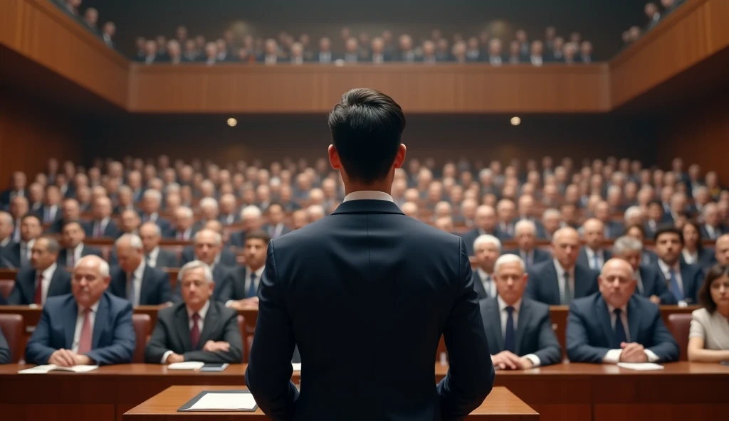 A young Asian man in a suit is speaking to politicians from various countries sitting in their seats in a huge lecture hall.,Politicians from all over the world are looking at men,No flags appear,