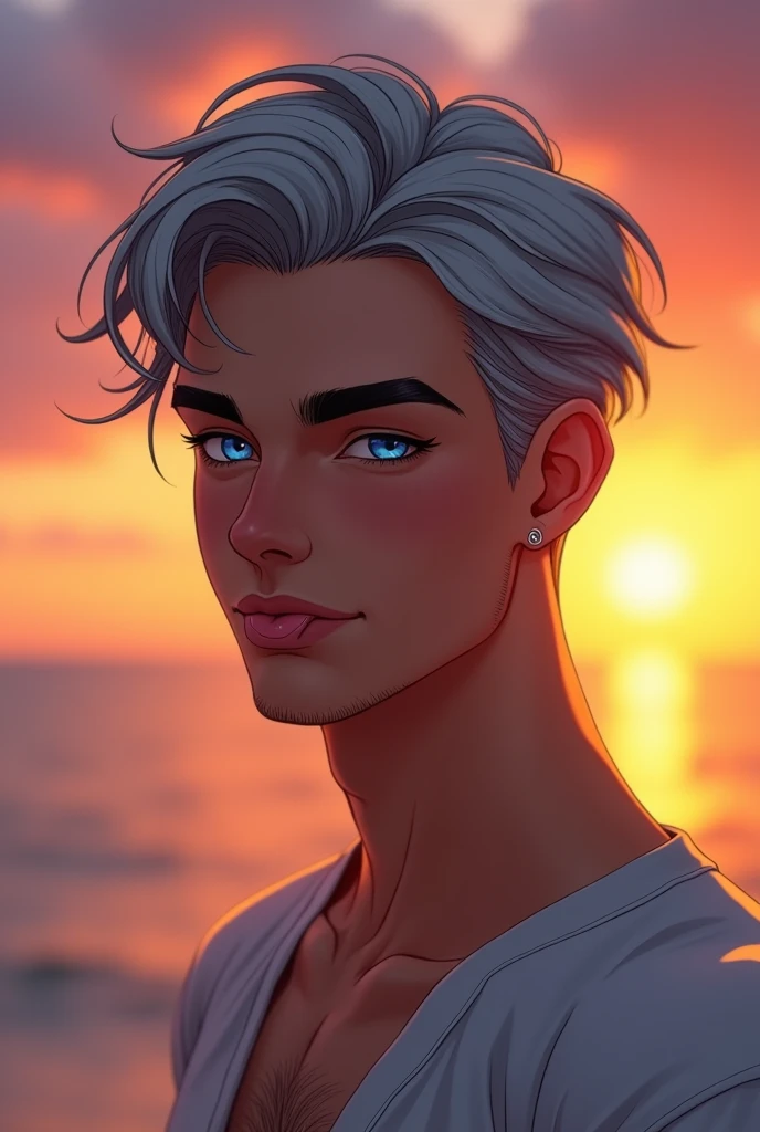 Gray Hair、blue eyes、Beautiful Boy、Earrings、holiday、Handsome、Beautiful Boy、tongue、Sunset、Prince