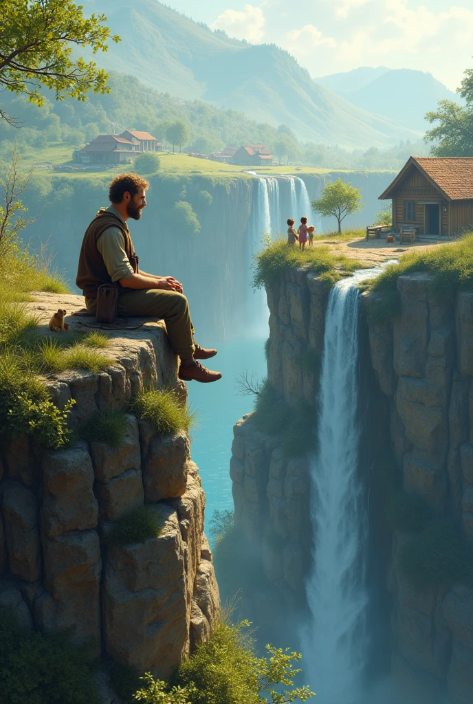 A man relaxing in the edge of a Cliff , looking at the water falls long away and children are playing with village animals