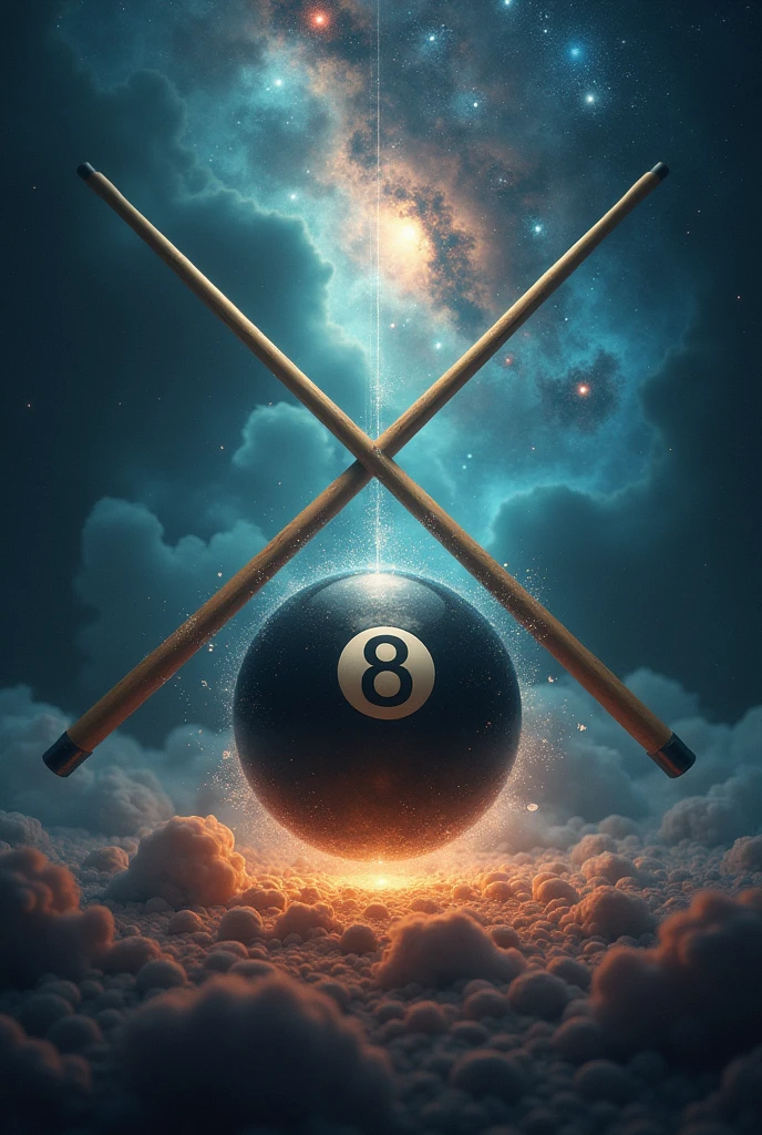 8-ball with two cues crossed in an X behind the ball, and a galaxy background