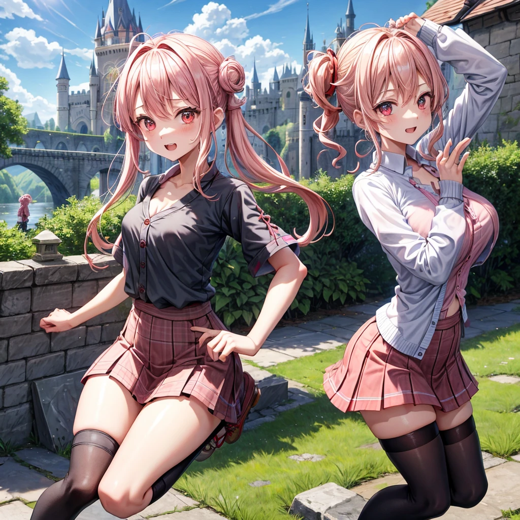 Pink Blonde、Red eyes、Wavy Hair、Hair tied up、Two cute、Checked mini skirt、black t-shirts、cardigan、Knee-high socks、Teeth are visible、Monster Castle、Tilting face、windmill、grass、Stones are growing out of the ground.、In front of the city gates、Underground tunnels、Water flows from the castle、Wooden bridge、The stone is cracked、Ashura Statue