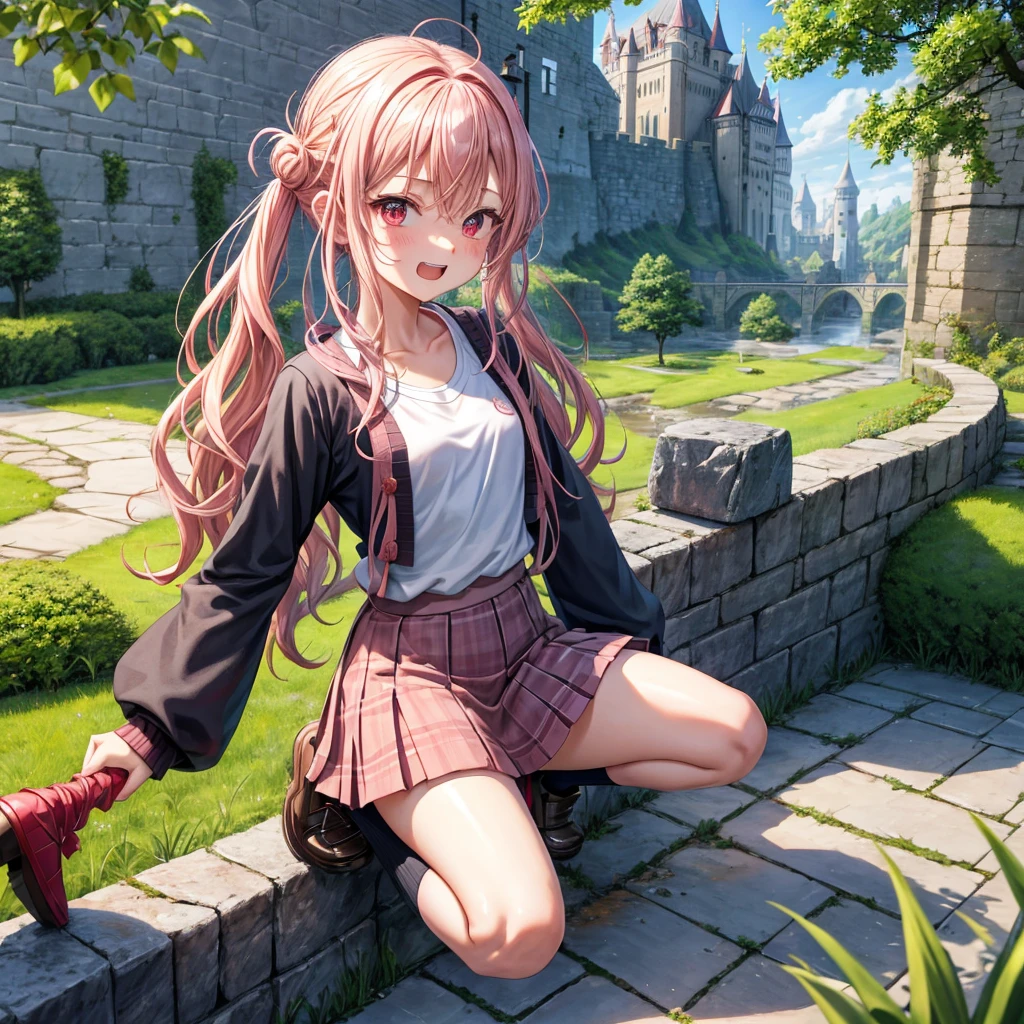 Pink Blonde、Red eyes、Wavy Hair、Hair tied up、Two cute、Checked mini skirt、black t-shirts、cardigan、Knee-high socks、Teeth are visible、Monster Castle、Tilting face、windmill、grass、Stones are growing out of the ground.、In front of the city gates、Underground tunnels、Water flows from the castle、Wooden bridge、The stone is cracked、Ashura Statue