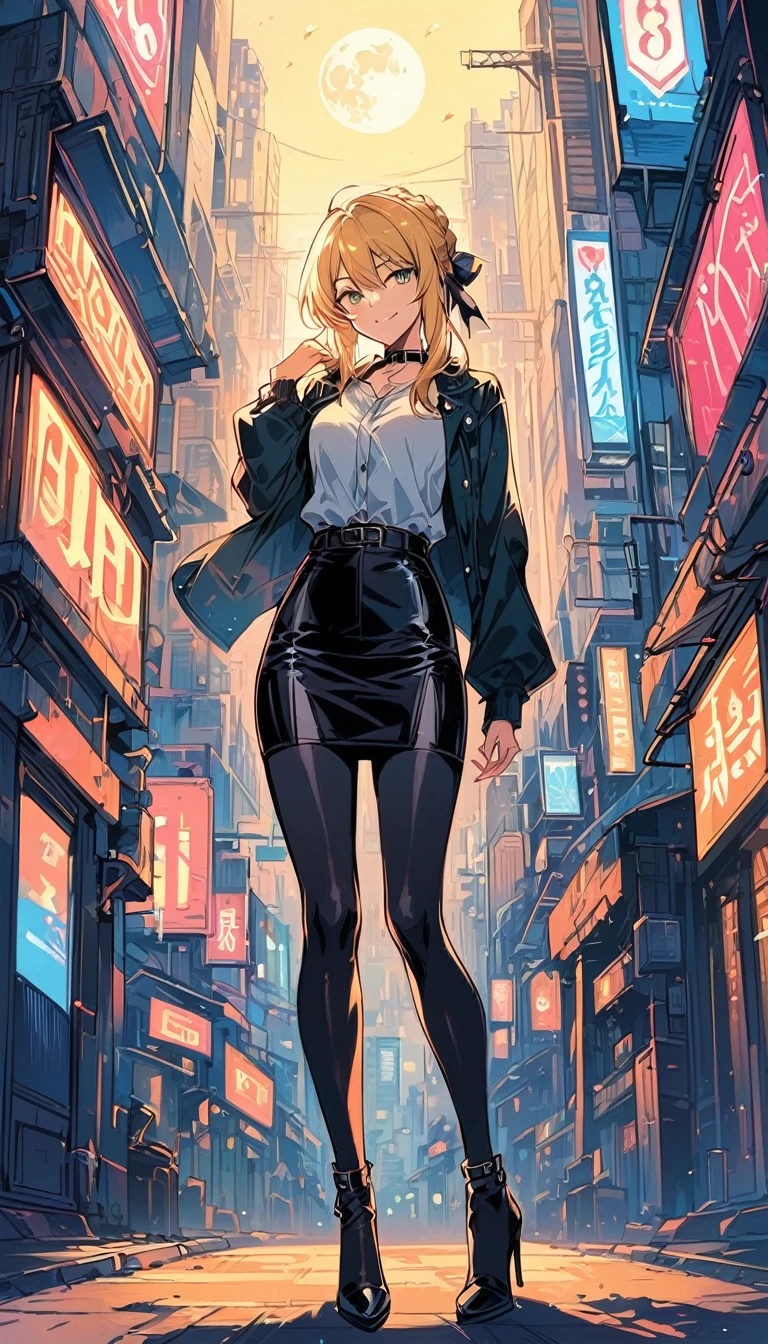 score_9, score_8_up, score_7_up, score_6_up, rating_safe, source_anime, BREAK beautiful Artoria Pendragon (blonde, braid, ribbon, hair ribbon:1.2), sexy smirk, BREAK tight leather skirt, wrap blouse, high heels, choker, BREAK walking in downtown Tokyo, neon lights, Extremely detailed, BREAK midnight, full moon, shallow depth of field, BREAK highly detailed, bokeh, moody, epic, gorgeous, grainy, BREAK (ultra-detailed), (best illustration), (best shadow), (absurdres), (detailed background), (very aesthetic).