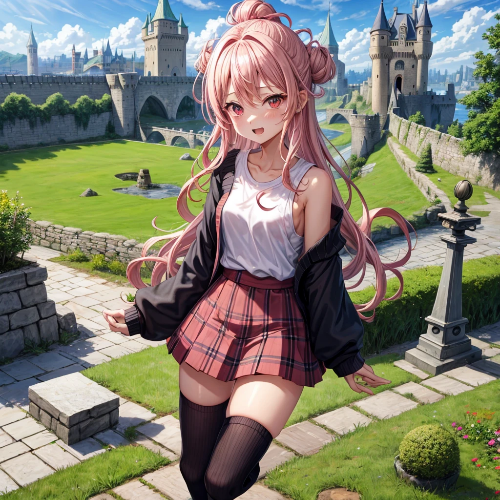 Pink Blonde、Red eyes、Wavy Hair、Hair tied up、Two cute、Checked mini skirt、black t-shirts、cardigan、Knee-high socks、Teeth are visible、Monster Castle、Tilting face、windmill、grass、Stones are growing out of the ground.、In front of the city gates、Underground tunnels、Water flows from the castle、Wooden bridge、The stone is cracked、Ashura Statue