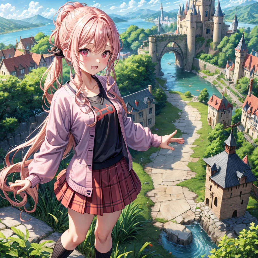 Pink Blonde、Red eyes、Wavy Hair、Hair tied up、Two cute、Checked mini skirt、black t-shirts、cardigan、Knee-high socks、Teeth are visible、Monster Castle、Tilting face、windmill、grass、Stones are growing out of the ground.、In front of the city gates、Underground tunnels、Water flows from the castle、Wooden bridge、The stone is cracked、Ashura Statue