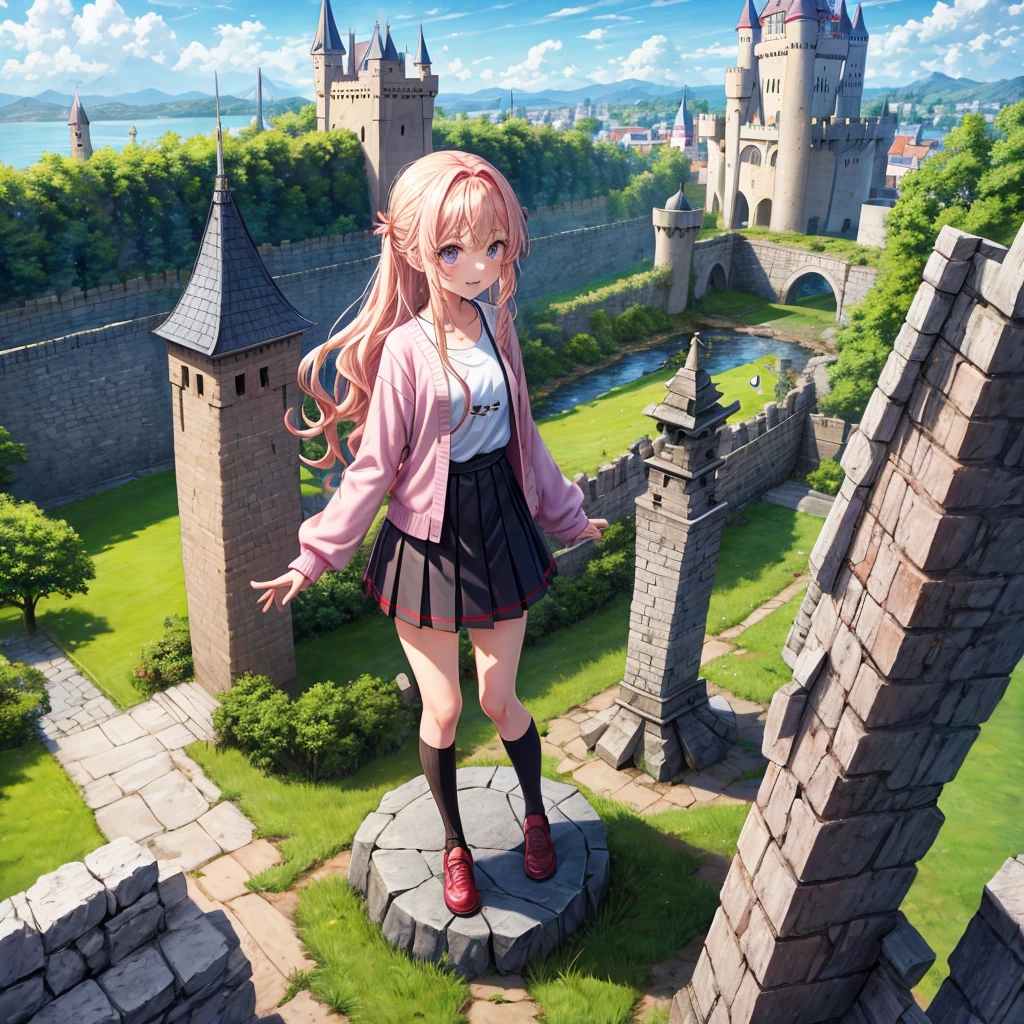 Pink Blonde、Red eyes、Wavy Hair、Hair tied up、Two cute、Checked mini skirt、black t-shirts、cardigan、Knee-high socks、Teeth are visible、Monster Castle、Tilting face、windmill、grass、Stones are growing out of the ground.、In front of the city gates、Underground tunnels、Water flows from the castle、Wooden bridge、The stone is cracked、Ashura Statue