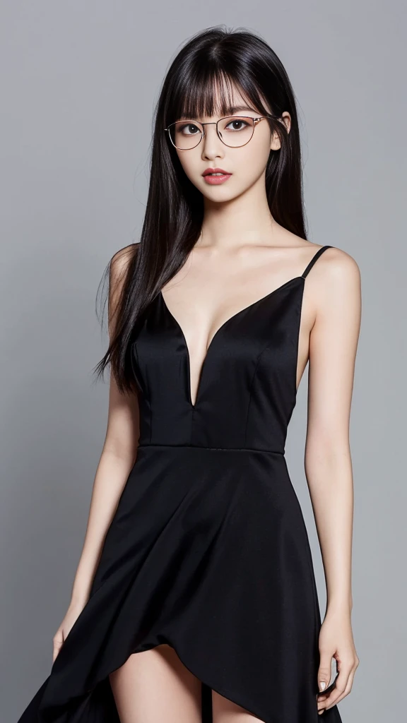 (Highest quality:1.5), (Real:1.4), (Ultra high definition:1.4), (No correction:1.4), (skinny Japanese woman with average size breasts standing front plain background in studio), (A woman wearing black-rimmed glasses), (Very small eyes), (breasts of average size), (Average height), (Cover your forehead with bangs), (Long black hair), (Dark personality expression), (long black evening dress), (black hair woman is standing with black long evening dress front plain background in studio), (woman viewed from the front), (Plain background), (Cowboy Shot), (Cold expression), (upright), (A woman with long black hair and glasses), (Bangs that cover the forehead), (Sharp and tiny eyes)