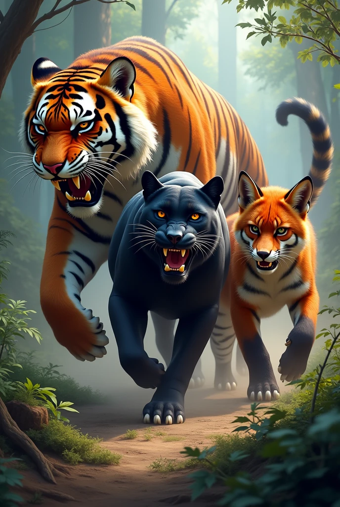 There should be three animals: the tiger on the left, the black panther next to it, and the red fox on the right