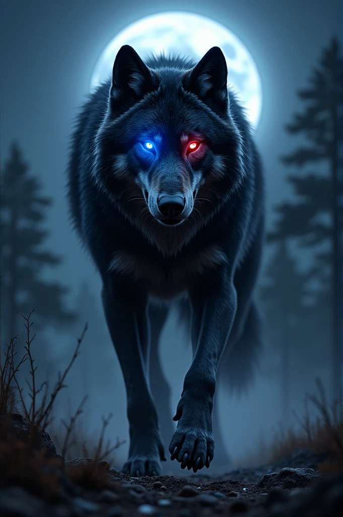 Blue black red eyes wolf at night