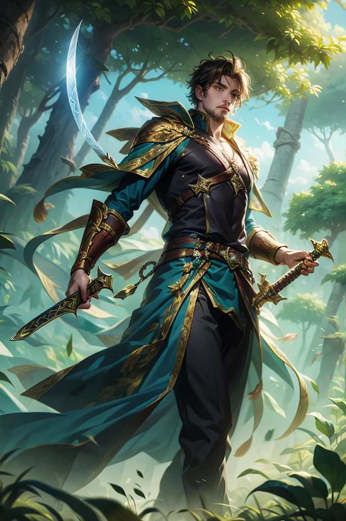 a man with a sword in his hand in a fantasy tropical forest background