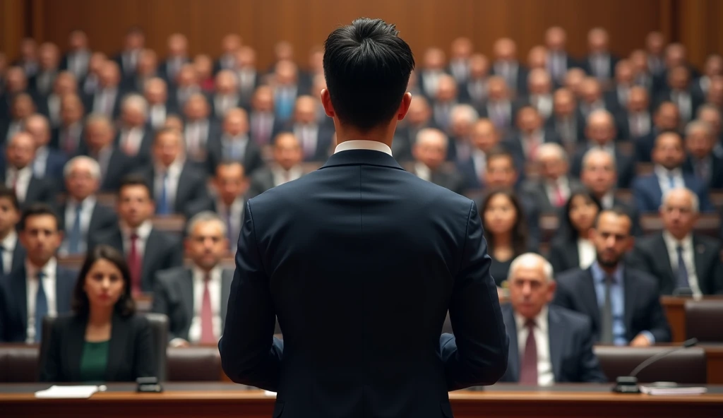 A young Asian man in a suit is speaking to politicians from various countries sitting in their seats in a huge lecture hall.,Politicians from all over the world are looking at men,No flags appear,