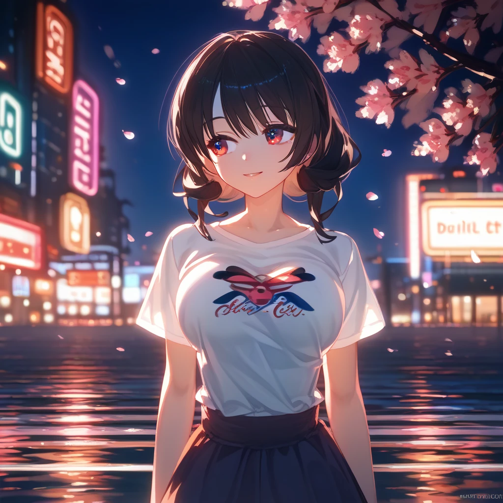 masterpiece, high quality, 16k resolution, detailed, beautiful anime girl, large breasts, slender waist, pale skin, black hair, fine hair, simple clothing, white T-shirt, no accessories, (looking away:1.4), (walking in neon-lit night city), spring season, comfortable weather, discovering beautiful night cherry blossoms, neon lights, joyful expression, looking up at cherry tree, stunning smile, beautiful eyes, delicate face, artistic, emotional depth, serene atmosphere, detailed background, breathtaking beauty, (MrKb), full body shot