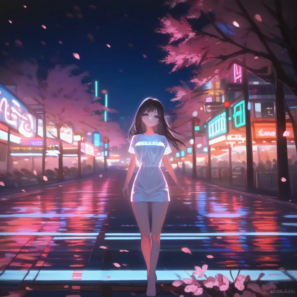 masterpiece, high quality, 16k resolution, detailed, beautiful anime girl, large breasts, slender waist, pale skin, black hair, fine hair, simple clothing, white T-shirt, no accessories, (looking away:1.4), (walking in neon-lit night city), spring season, comfortable weather, discovering beautiful night cherry blossoms, neon lights, joyful expression, looking up at cherry tree, stunning smile, beautiful eyes, delicate face, artistic, emotional depth, serene atmosphere, detailed background, breathtaking beauty, (MrKb), full body shot