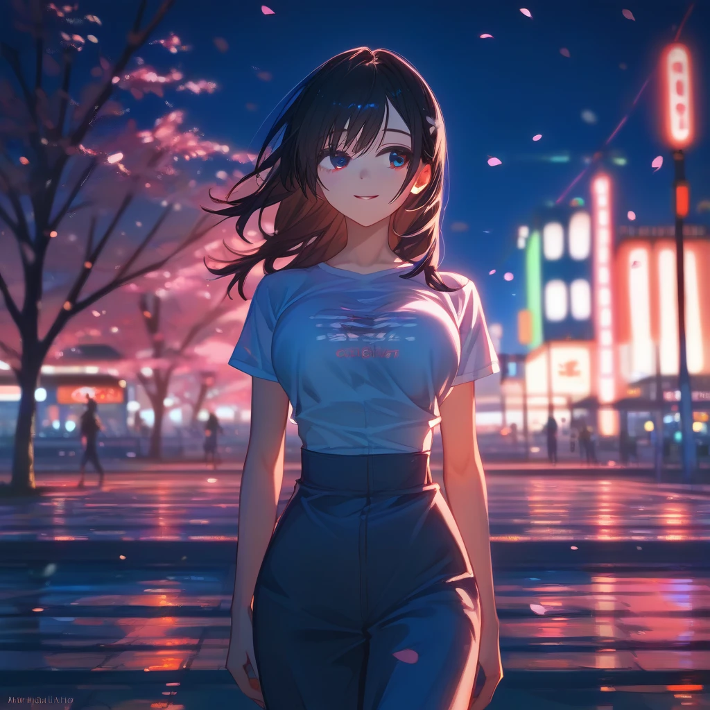 masterpiece, high quality, 16k resolution, detailed, beautiful anime girl, large breasts, slender waist, pale skin, black hair, fine hair, simple clothing, white T-shirt, no accessories, (looking away:1.4), (walking in neon-lit night city), spring season, comfortable weather, discovering beautiful night cherry blossoms, neon lights, joyful expression, looking up at cherry tree, stunning smile, beautiful eyes, delicate face, artistic, emotional depth, serene atmosphere, detailed background, breathtaking beauty, (MrKb), full body shot