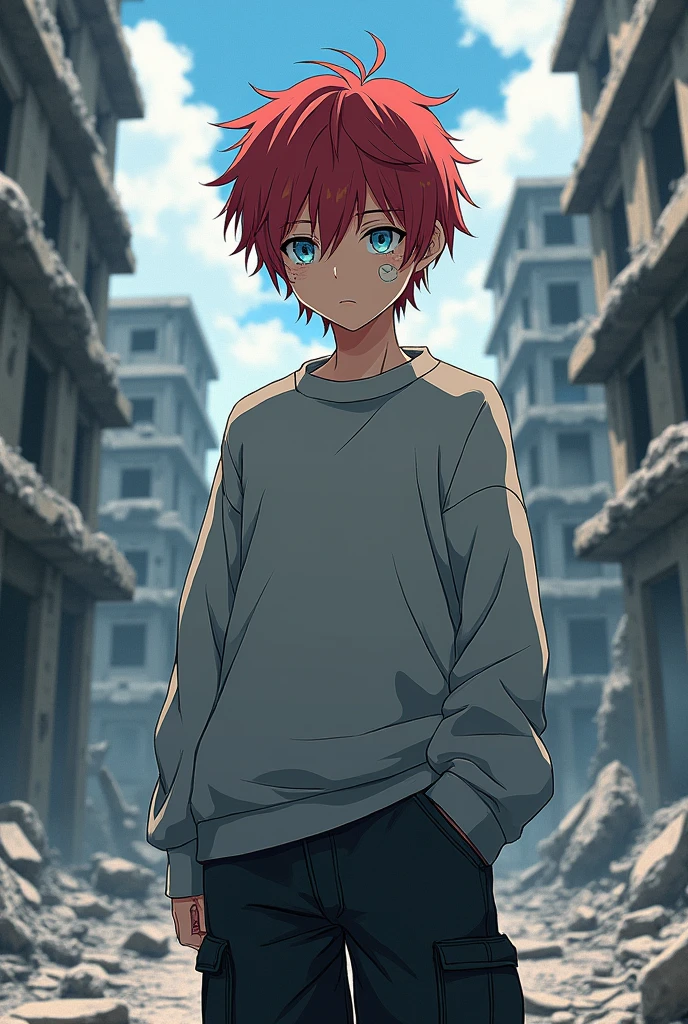 Japanese teenage boy wearing an oversized grey sweater. The sleevers hide his hands. He is wearing a black cargo short. The boy have short red not orange messy hair. He have bruises under his eyes and a bandage on his cheek. He have pale blue eyes. He is handsome. His face is the most visible. Anime. He stands in front of a destroyed building.