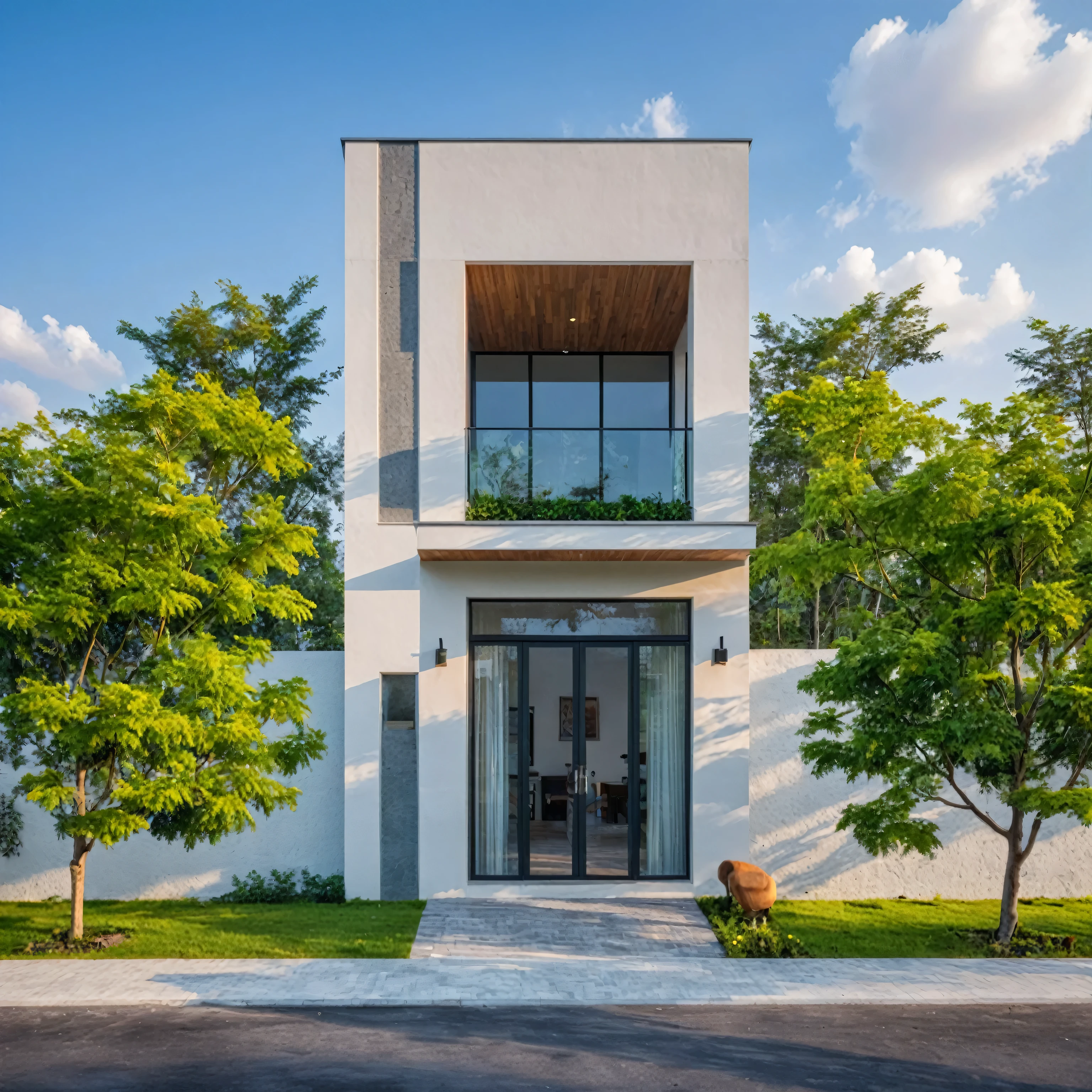 Minimalist architecture, the main materials of the house include white walls, blue concrete effect walls, Realistic images, extremely detailed, a modern house, 1 road in font of house, large yard made by ceramic, (1 car), brick fence, lawn, a few small flowers, a road in front of the house, main materials of the house are white walls and gray brick, Modern design, (wood with Steel Gate),clear blue sky, sunrise light, light from inside, dynamic light,shimering light, cinematic light, romantic feeling, (((day light, warm light)))
