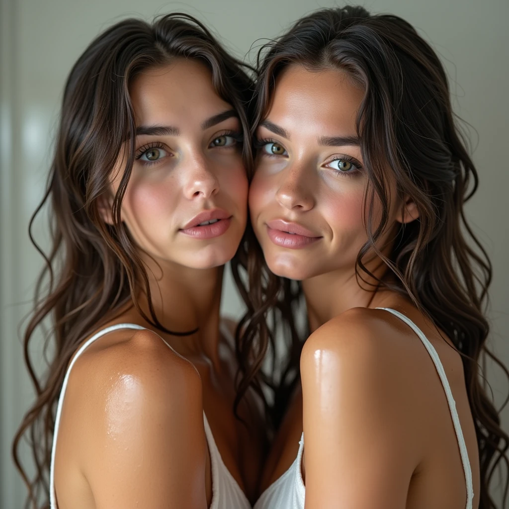 Identical twin sisters、Very beautiful young woman, Taking a shower, Wet Hair, water is flowing, Wet Skin