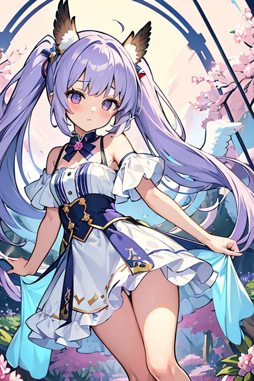 (masterpiece,best quality,ultra-detailed), an anime girl who is, calm angel. She has lavender long hair with straight bangs and high ponytails, periwinkle eyes, eurasian eagle-owl ears and wings, wearing magic girl regalia, barefoot, ankle straps, standing calmly, looking at viewer