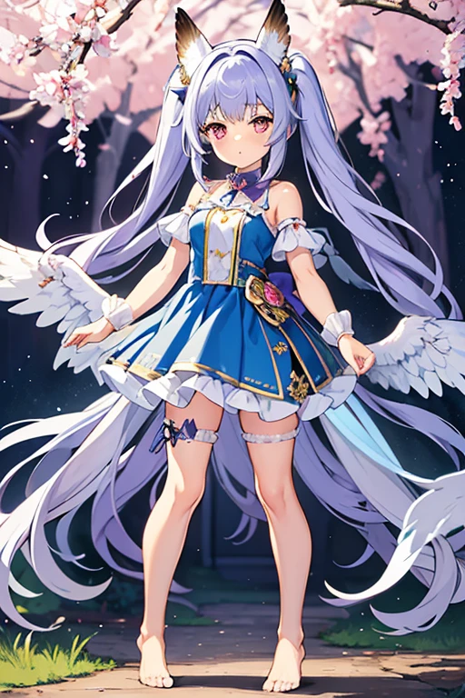 (masterpiece,best quality,ultra-detailed), an anime girl who is, calm angel. She has lavender long hair with straight bangs and high ponytails, periwinkle eyes, eurasian eagle-owl ears and wings, wearing magic girl regalia, barefoot, ankle straps, standing calmly, looking at viewer