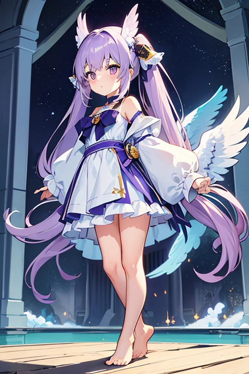 (masterpiece,best quality,ultra-detailed), an anime girl who is, calm angel. She has lavender long hair with straight bangs and high ponytails, periwinkle eyes, eurasian eagle-owl ears and wings, wearing magic girl regalia, barefoot, ankle straps, standing calmly, looking at viewer