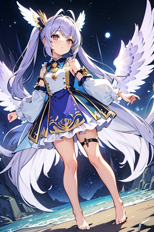 (masterpiece,best quality,ultra-detailed), an anime girl who is, calm angel. She has lavender long hair with straight bangs and high ponytails, periwinkle eyes, eurasian eagle-owl ears and wings, wearing magic girl regalia, barefoot, ankle straps, standing calmly, looking at viewer