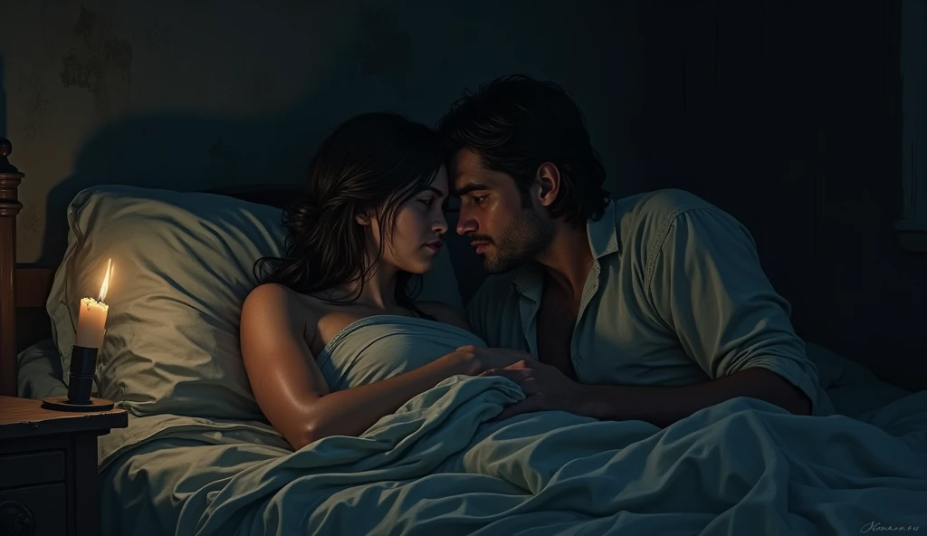 Hansel and Gretel. Conversation between husband and wife, bed, dark night.