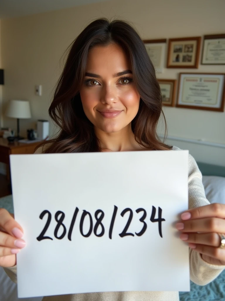 a very beautiful woman taking a selfie in her bedroom. He is holding a white piece of paper with the date "28/08/24" written on it in bold black ink and it look like real human handwritten. The woman is in a room with light-colored walls, and the background includes some framed items on the wall, possibly certificates or pictures, along with a desk that has various objects, including a lamp and some papers. The lighting in the room is natural, and the woman is looking directly at the camera with a neutral expression.