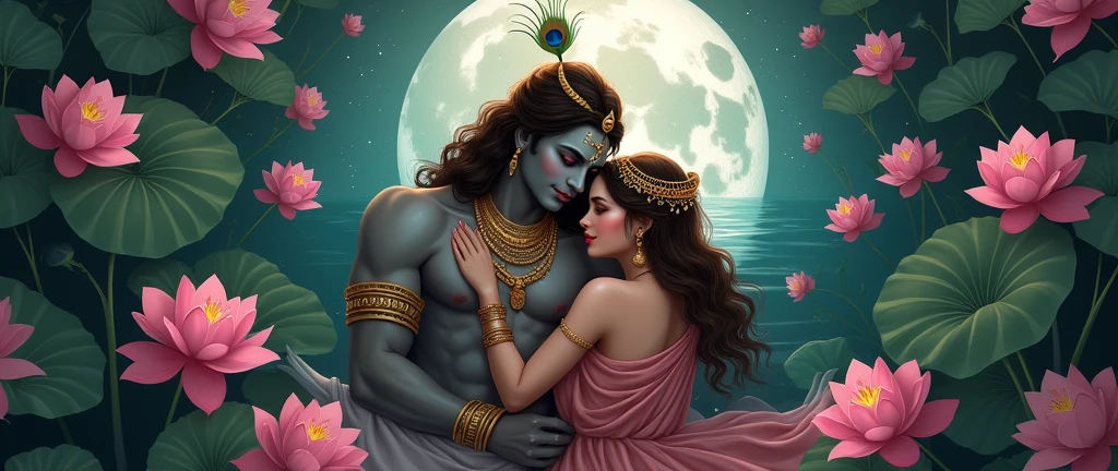 A serene view of Lord Krishna in traditional dress, muscular, royal crown with few peacock feathers in the crown, wearing a floral garland. Krishna holds Radha in his hands. Radha has a sexy fair skin face, brown eyes, red lips, long wavy brown hair, wearing a luxurious crown. Radha is wearing sexy dress, fully exposing her waist to seduce lord Krishna. Radha is exposing her body. Radha has perfect body features. Radha and krishna are looking at each other in a seductive way. Radha sleeping on krishna's chest. Both radha and lord krishna are happy in the palace pond covered with pink lotus flowers. Radha and krishna are very happy with a smile. The backdrop features a luminous full moon, casting a tranquil glow Depth to the image, creating a sacred and mystical atmosphere. The scene is a top view. Make sure everything is perfect.