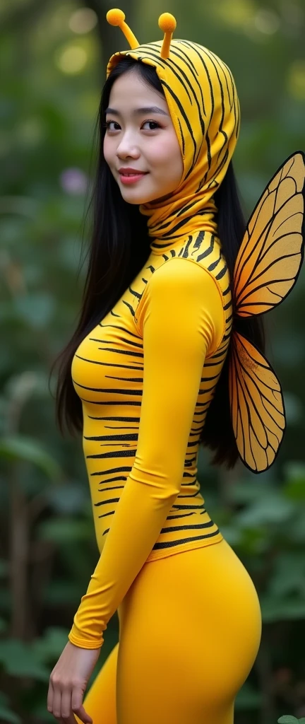 The beautiful Chinese adult girl with beautiful cheeks wears yellow Bee lycra turtleneck unitard catsuit covered with black stripes.She has a pair of insect wings.She always wear bee lycra elastane stretchy dancewear hijab-like hood with antenna.She is happy at Jungle.