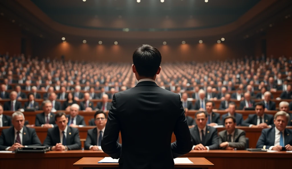 A young Asian man in a suit is speaking to politicians from various countries sitting in their seats in a huge lecture hall.,Politicians from all over the world are looking at men,No flags appear,