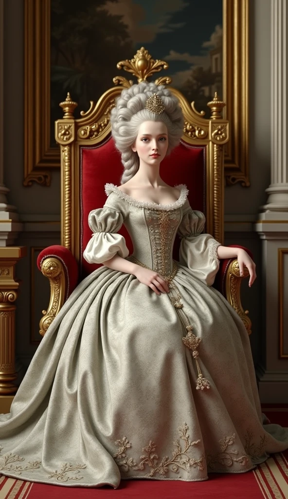 Marie Antoinette, the young and beautiful Queen of France, Formal wear, Sitting on the throne