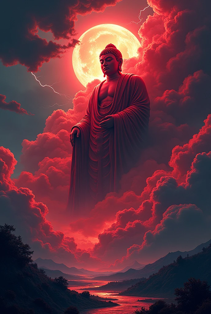 In a dramatic comic poster style, a masterpiece illustration depicts a colossal statue of Buddha formed entirely from blood-red clouds, floating ominously in a stormy night sky. The Buddha, with an intense and powerful expression, is crafted from swirling, crimson clouds, creating a hauntingly beautiful and surreal figure. The deep red tones contrast sharply against the dark, storm-laden sky, where flashes of lightning illuminate the scene, casting eerie, fleeting shadows across the Buddha's face.
The storm clouds, heavy and turbulent, roll across the sky, adding a sense of movement and chaos to the scene. The Buddha statue, however, remains calm and imposing, with the red clouds glowing softly in the intermittent lightning, making it appear as though the figure is pulsing with a life of its own. The shadows play across the statue, with deep, dark areas where the clouds are densest, giving the impression of a powerful, almost otherworldly presence.
In the background, the night sky is filled with swirling, dark clouds that occasionally part to reveal glimpses of a stormy, moonlit night. The moon, partially obscured by the clouds, casts a cold, pale light that contrasts with the warm, menacing glow of the red Buddha. Thunder rumbles in the distance, and the atmosphere is thick with tension, as if nature itself is reacting to the presence of this divine, yet fearsome, figure.
In the foreground, lightning strikes illuminate the scene, creating sharp, dramatic contrasts of light and shadow that add to the intensity of the image. The entire composition is framed with bold, comic book-style lines, and the use of deep reds and blacks gives the scene a striking, ominous quality. The blood-red Buddha statue, with its calm yet imposing presence, dominates the sky, creating an unforgettable visual that blends serenity with the raw power of a stormy night, all rendered in a vivid, comic poster style.