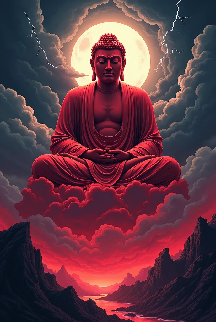 In a dramatic comic poster style, a masterpiece illustration depicts a colossal statue of Buddha formed entirely from blood-red clouds, floating ominously in a stormy night sky. The Buddha, with an intense and powerful expression, is crafted from swirling, crimson clouds, creating a hauntingly beautiful and surreal figure. The deep red tones contrast sharply against the dark, storm-laden sky, where flashes of lightning illuminate the scene, casting eerie, fleeting shadows across the Buddha's face.

The storm clouds, heavy and turbulent, roll across the sky, adding a sense of movement and chaos to the scene. The Buddha statue, however, remains calm and imposing, with the red clouds glowing softly in the intermittent lightning, making it appear as though the figure is pulsing with a life of its own. The shadows play across the statue, with deep, dark areas where the clouds are densest, giving the impression of a powerful, almost otherworldly presence.

In the background, the night sky is filled with swirling, dark clouds that occasionally part to reveal glimpses of a stormy, moonlit night. The moon, partially obscured by the clouds, casts a cold, pale light that contrasts with the warm, menacing glow of the red Buddha. Thunder rumbles in the distance, and the atmosphere is thick with tension, as if nature itself is reacting to the presence of this divine, yet fearsome, figure.

In the foreground, lightning strikes illuminate the scene, creating sharp, dramatic contrasts of light and shadow that add to the intensity of the image. The entire composition is framed with bold, comic book-style lines, and the use of deep reds and blacks gives the scene a striking, ominous quality. The blood-red Buddha statue, with its calm yet imposing presence, dominates the sky, creating an unforgettable visual that blends serenity with the raw power of a stormy night, all rendered in a vivid, comic poster style.