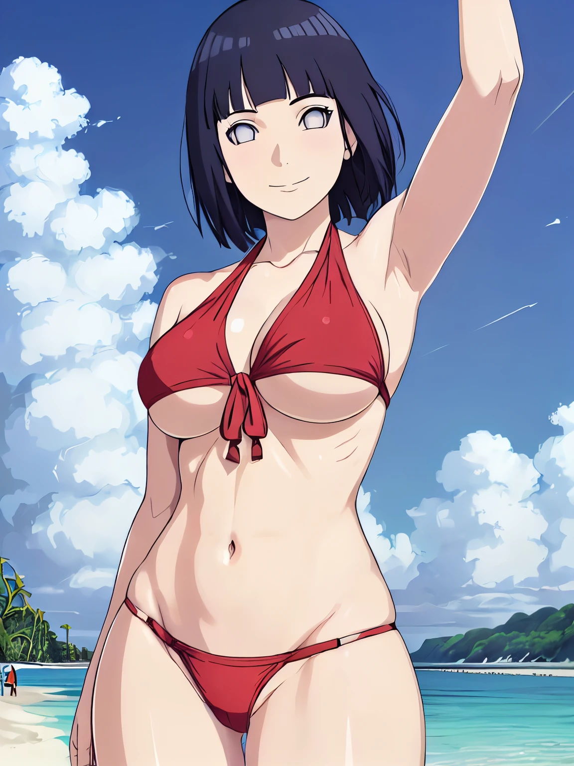 (hinata\(boruto\), (high quality:1.8), upper body:1.5, (curvy body:1.5), (ultra detailed body:1.4), (ARM UP:1.5), (beach:1.7), (anime, tall woman, cowboy shot, (defined biceps arms:1.2), ((red thong, bare arms, bare arms, bare shoulders)), (long belly:1.5), (red halter top:1.1), (wide shoulders, off-shoulders), smile), ((big breasts:1.0)) ,(cleavage:1.0), closed mouth), ((pale skin)). ((dark blue:1.3, short hair, hime cut، loose hair, floating hair, floating hair:1.0),
