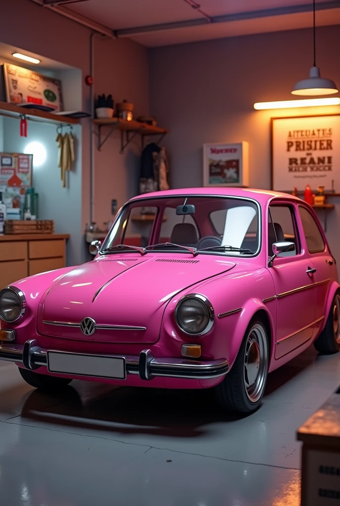 Pink Volkswagen golf in the garage