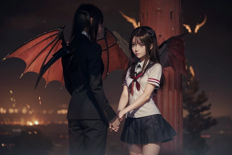 anime girl in school uniform holding hands with a demon, demon anime girl, 3d realistic anime style., soft anime cg art, Yandere, with hellish devil wings, demon girl, realistic 3d anime, Woman loves demon, CGI style anime, anime realism style, realistic anime art style, devil wings, trend on cgstation, made with anime painter studio