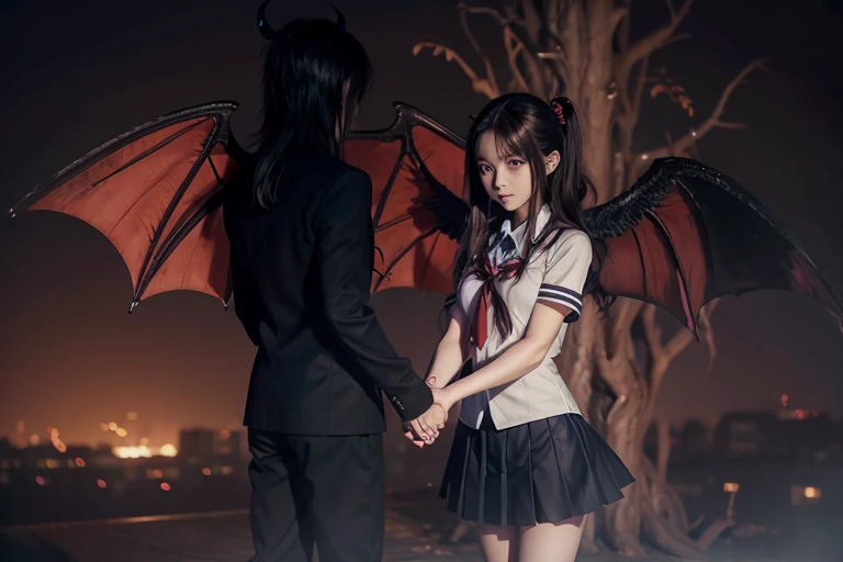 anime girl in school uniform holding hands with a demon, demon anime girl, 3d realistic anime style., soft anime cg art, Yandere, with hellish devil wings, demon girl, realistic 3d anime, Woman loves demon, CGI style anime, anime realism style, realistic anime art style, devil wings, trend on cgstation, made with anime painter studio