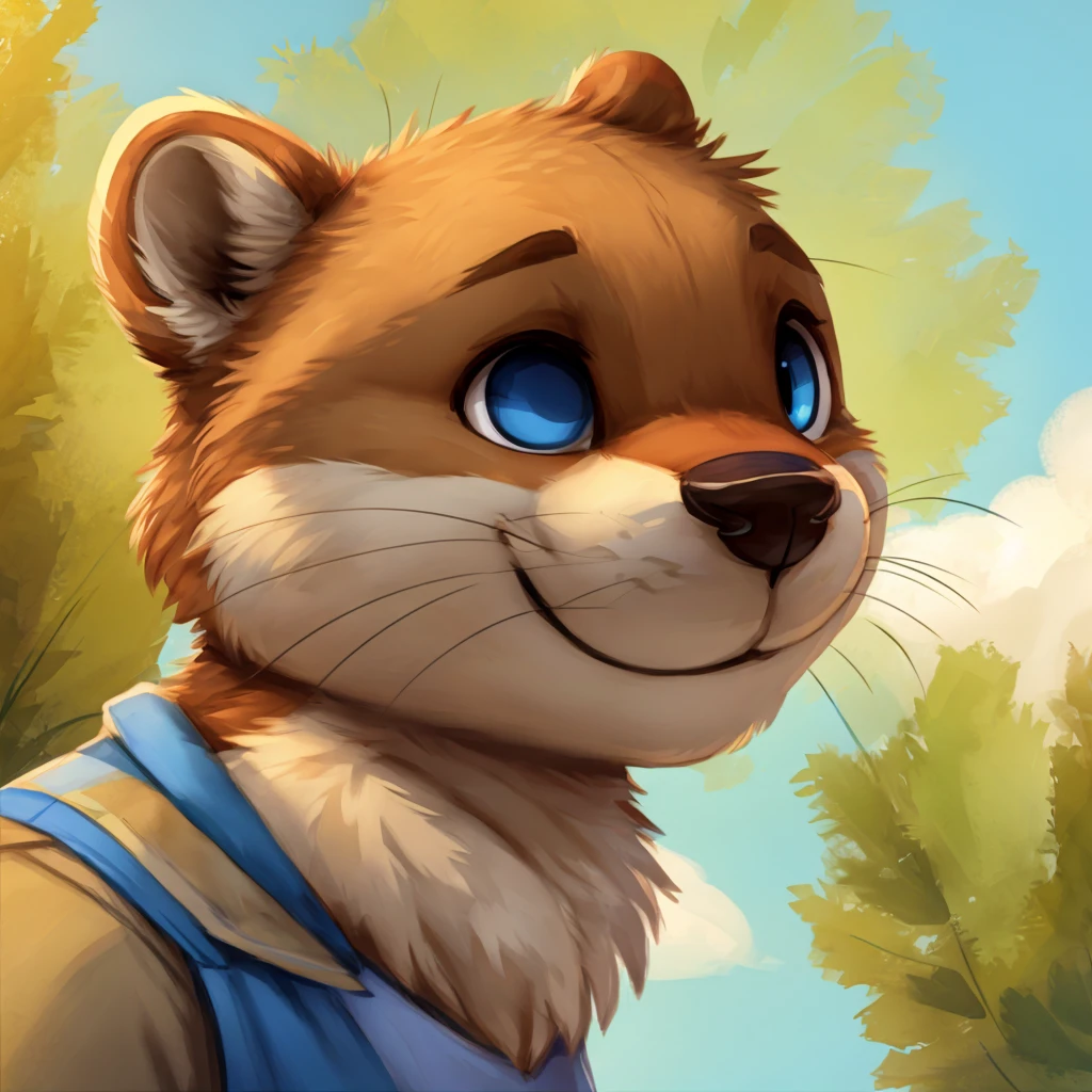 A close-up of an anthropomorphic and cute otter, happy, blue eyes, dressed with casual clothes, closed smile, bright blue sky background, high quality furry art, chibi style.